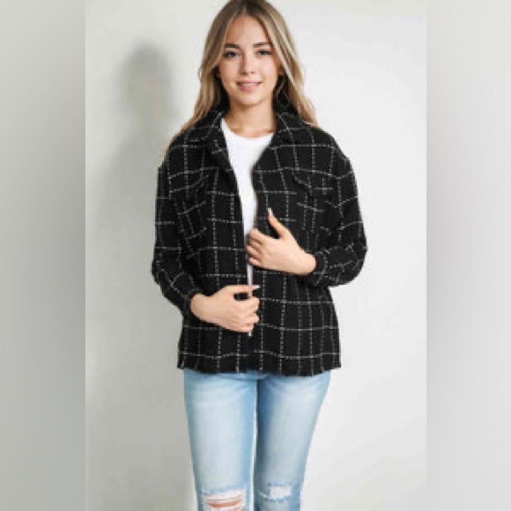 Miou Muse Plaid Raw Hem Jacket with Pockets Large